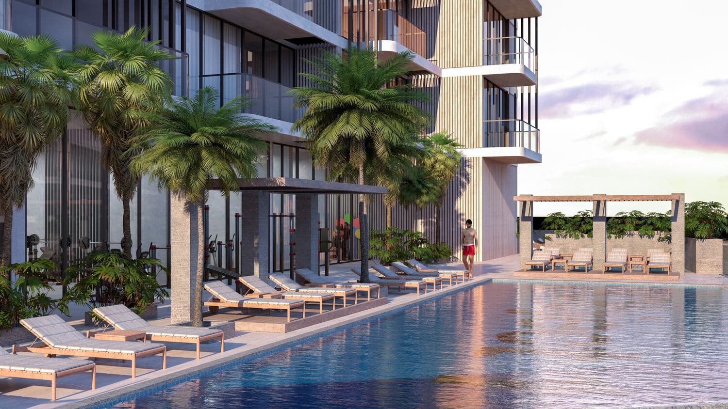 TETR1S Tower amenity Pool Deck With Sun Loungers - JVC (Jumeirah Village Circle), Dubai - by Object 1