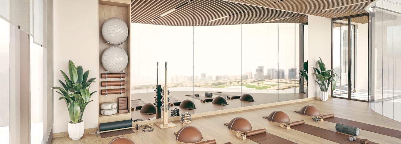 The Haven 2 amenity Indoor Yoga Studio And Outdoor Yoga Court in Majan, Dubai, by Meraki Developers
