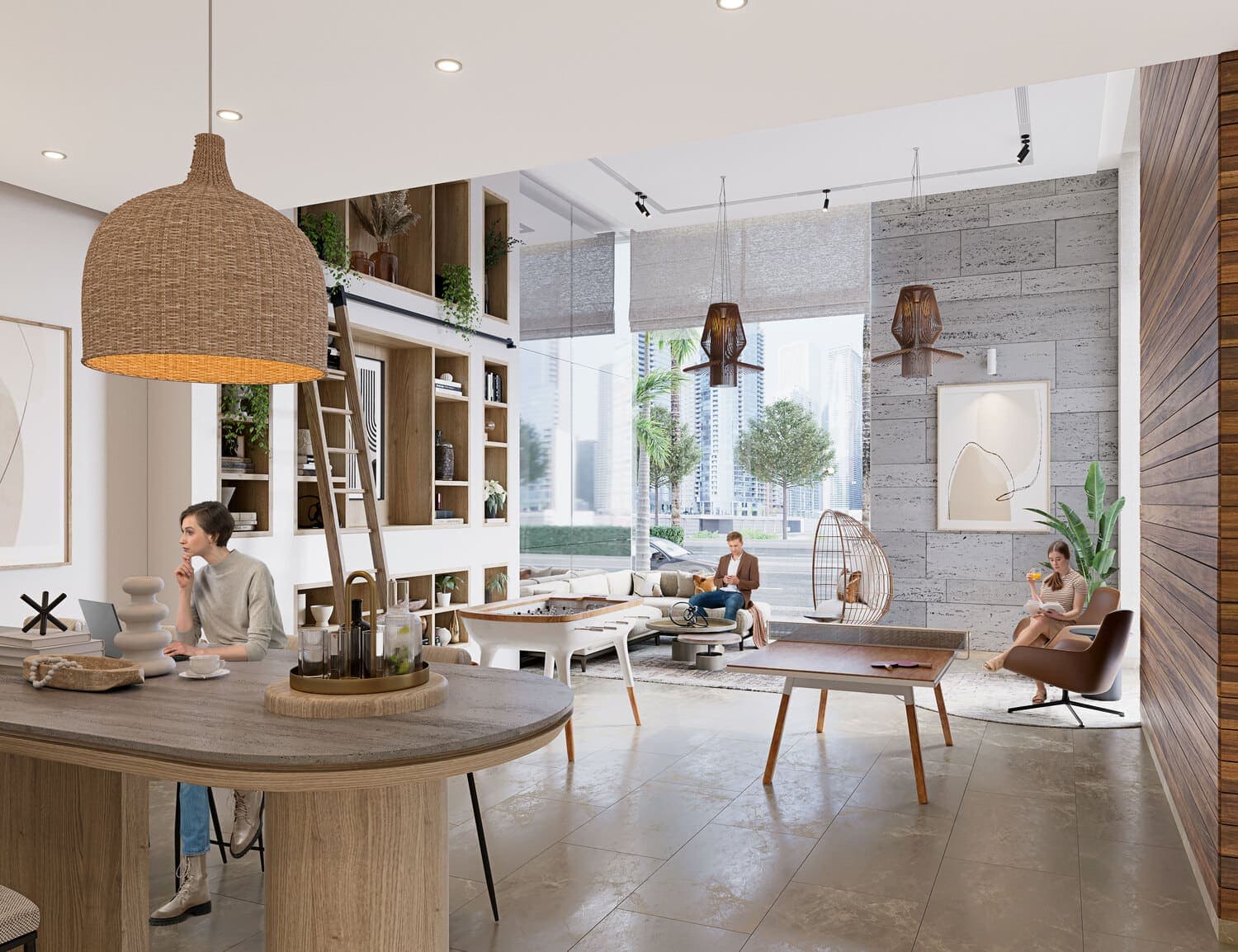 The Portman amenity Lobby & Lounge With Full-Height Open Library - JVC (Jumeirah Village Circle), Dubai - by Ellington