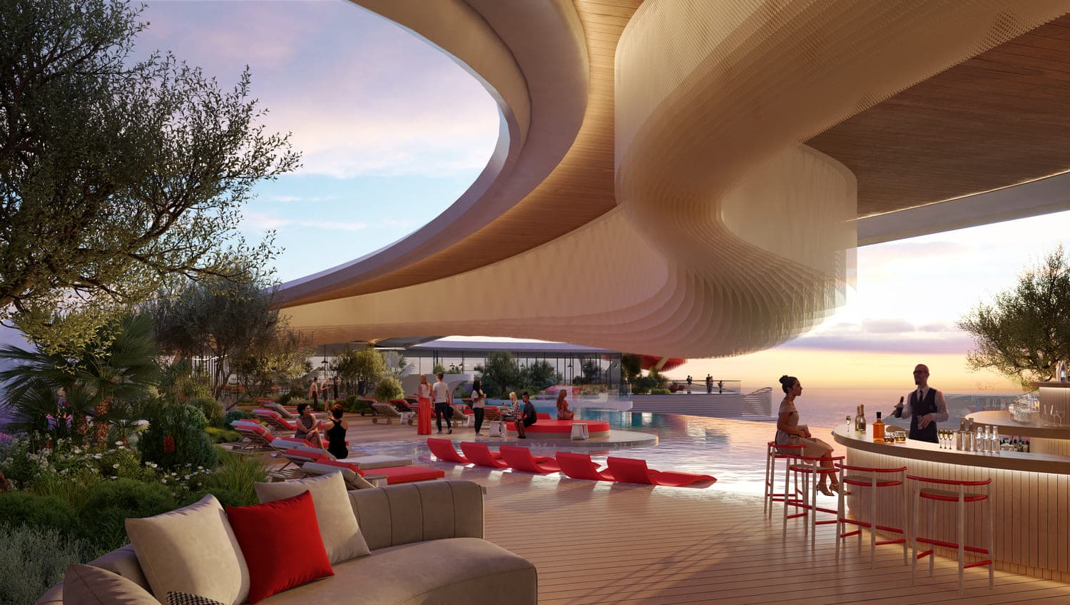 The Unexpected Al Marjan Island Hotel and Residence amenity Two-Level Outdoor Bar With Upper Deck in Al Marjan Island, Ras Al Khaimah, by Almal