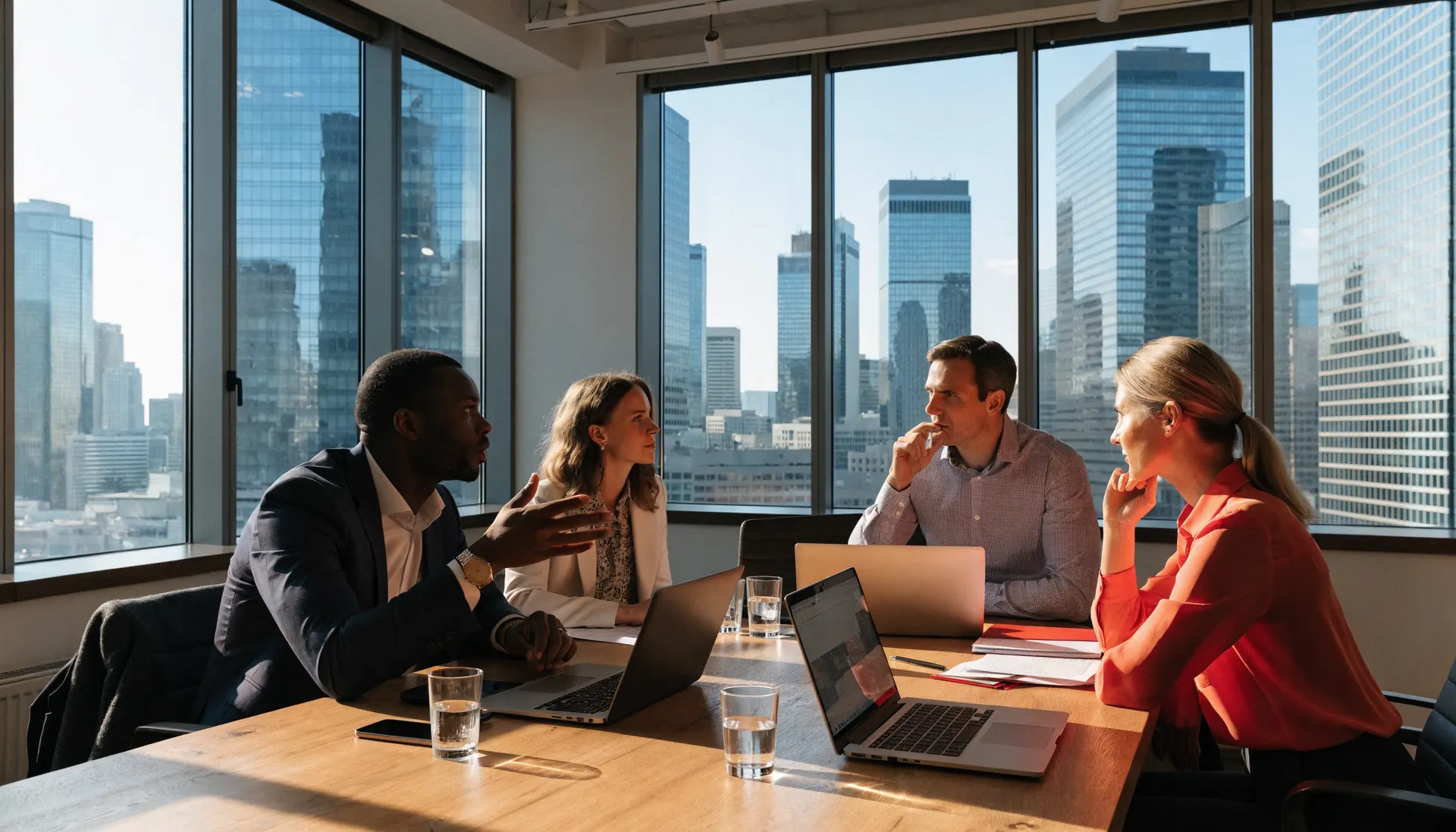 Professional team meeting in a modern Dubai office with city views