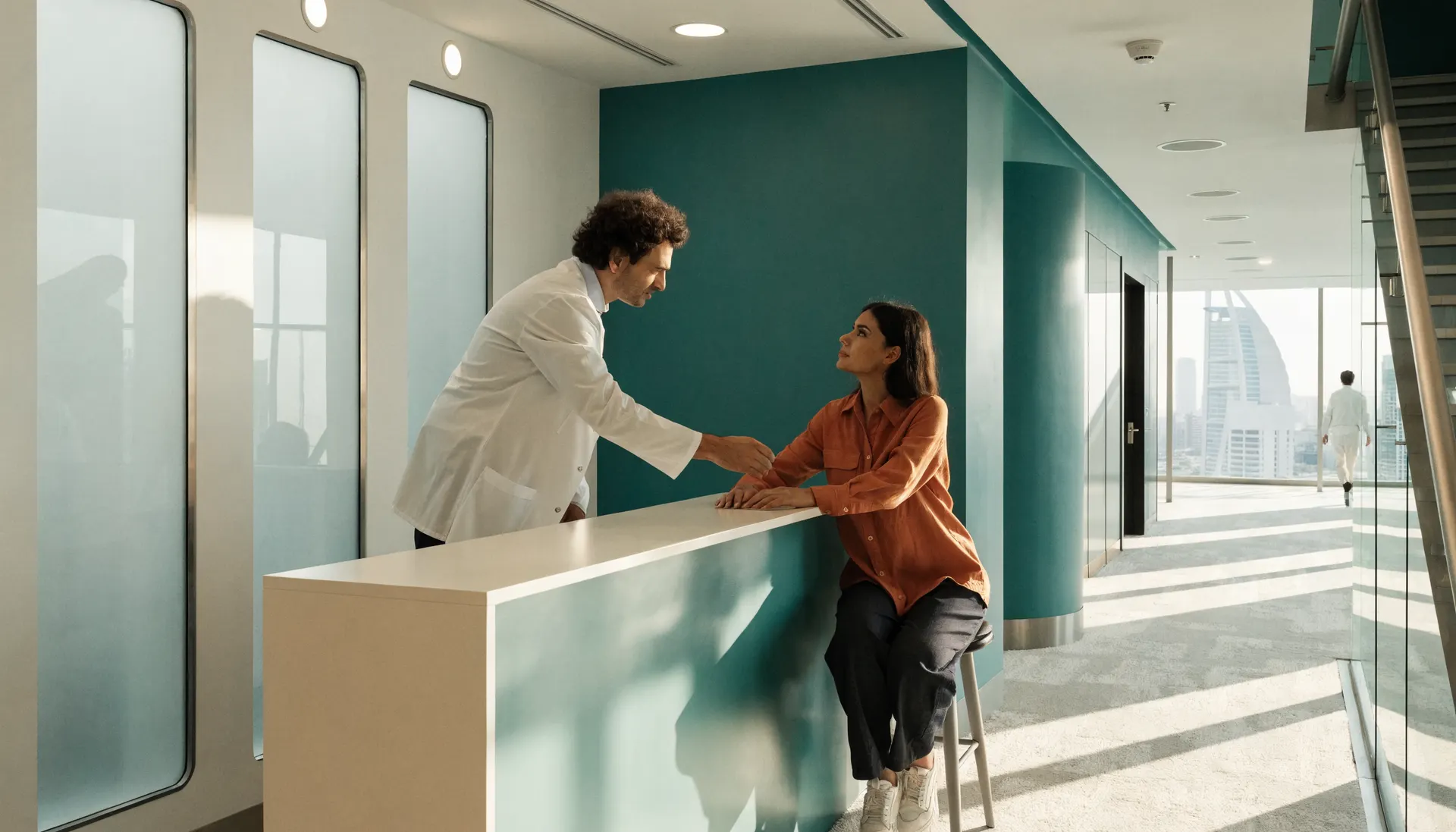 Doctor consulting a patient in a bright modern Dubai clinic