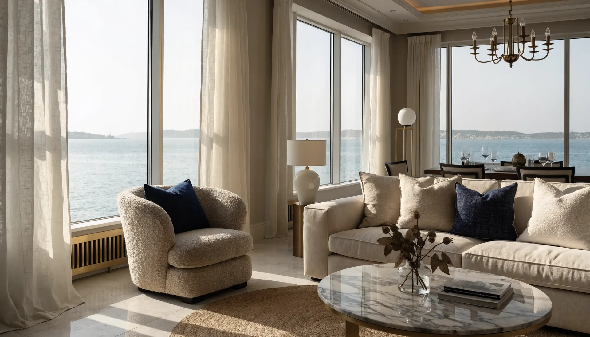 Elegant villa living room in Dubai with morning light and sea view