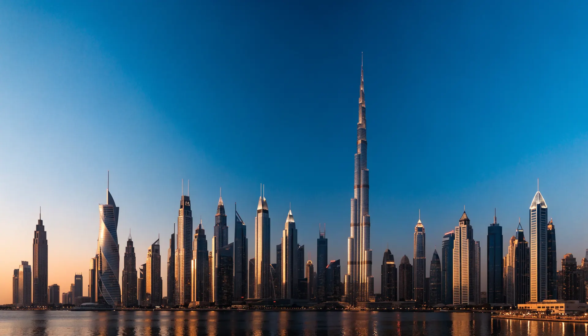 Dubai skyline at golden hour across the water