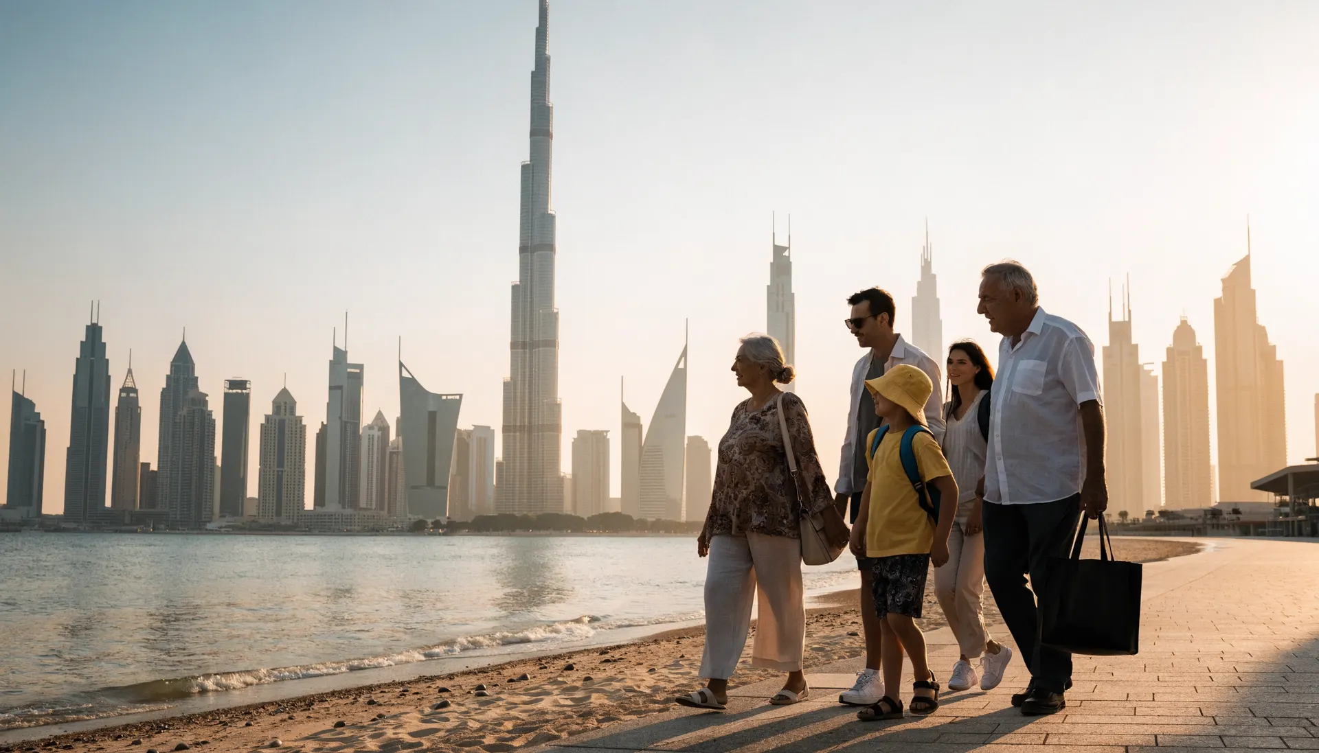 Family walking on a Dubai beach promenade at sunset with the city skyline behind