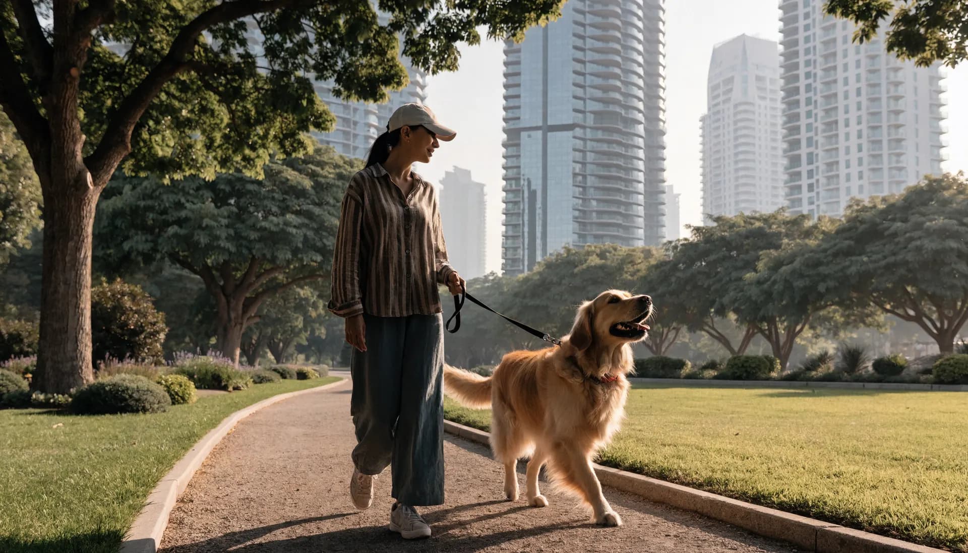 Golden retriever walking with its owner in a green Dubai park