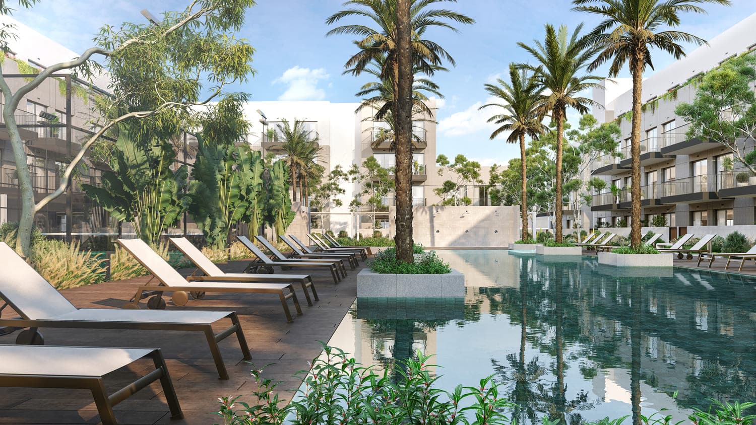 Oakley Square Residences amenity Pool With Cabanas in JVC (Jumeirah Village Circle), Dubai, by Ellington